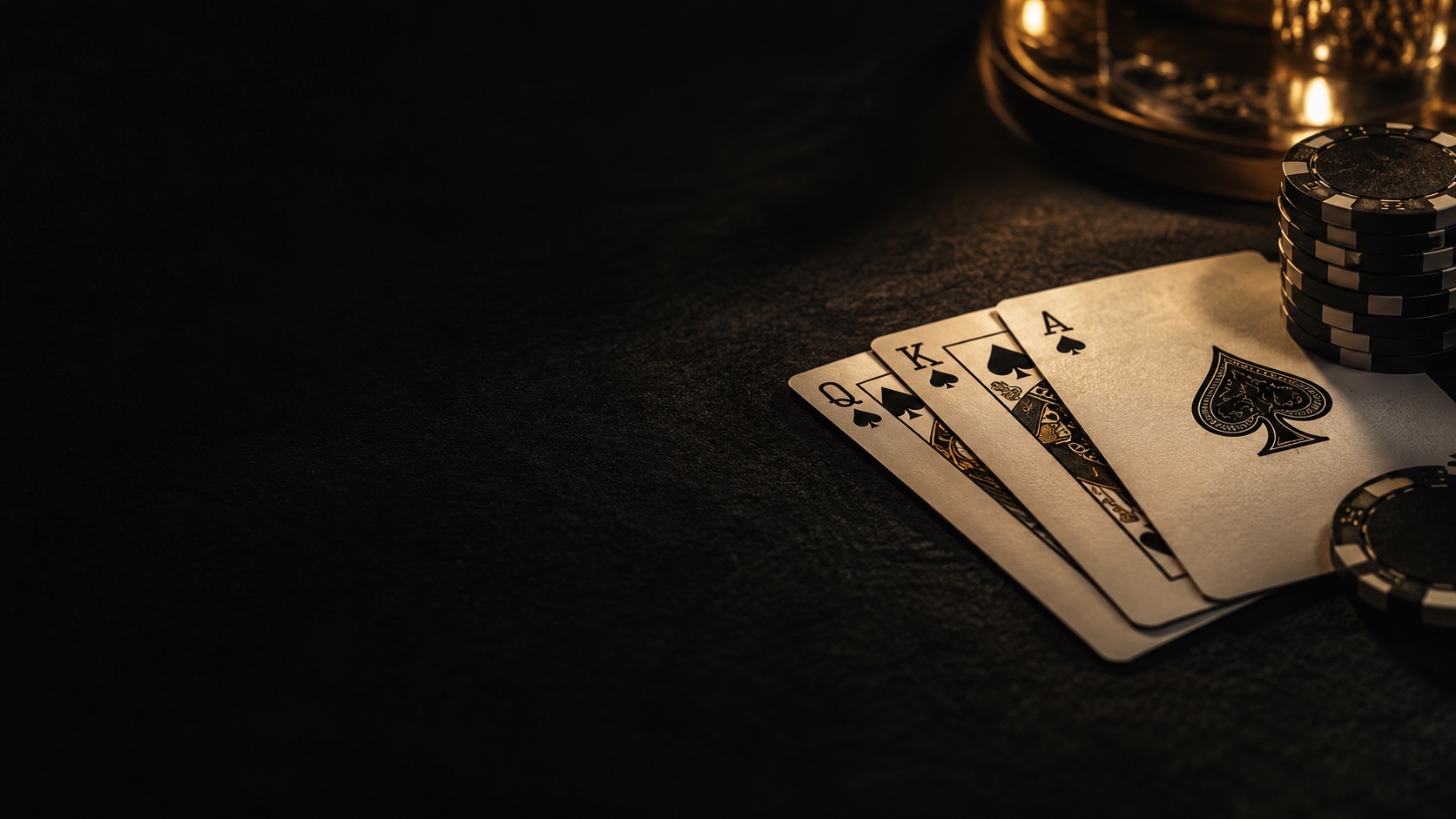 A cinematic still life of playing cards and dark casino chips